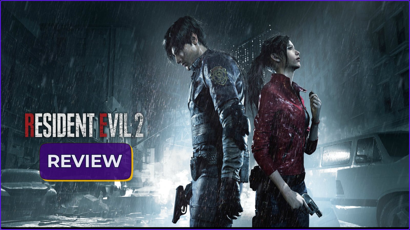Resident Evil 2 (2019) key art featuring Leon S. Kennedy and Claire Redfield in the rain