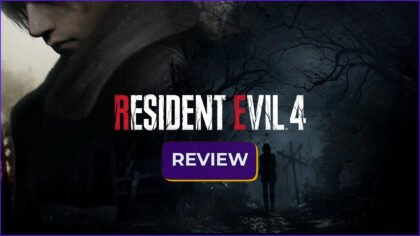 Resident Evil 4 (2023) review hero image showing Leon Kennedy, a forest, and the game logo.