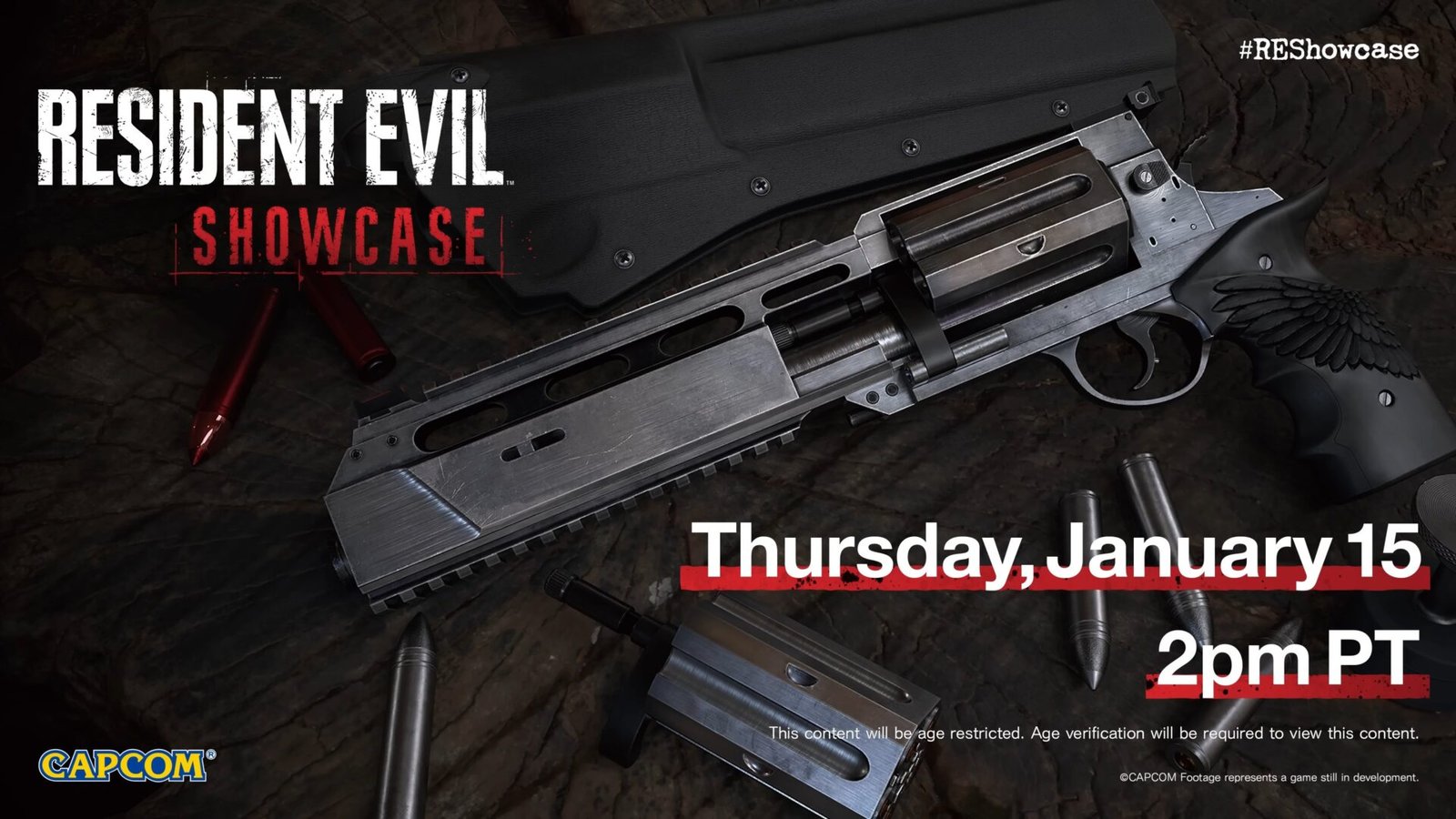 Resident Evil Showcase key art showing a revolver firearm and the event date Thursday, January 15 at 2 PM PT.