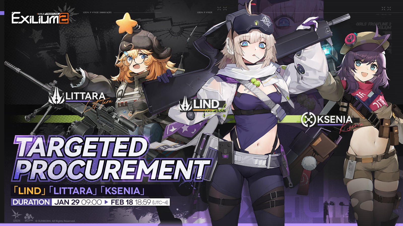 The Lind, Littara, and Ksenia targeted procurement rerun banner from the Sakura GFL2 guide.