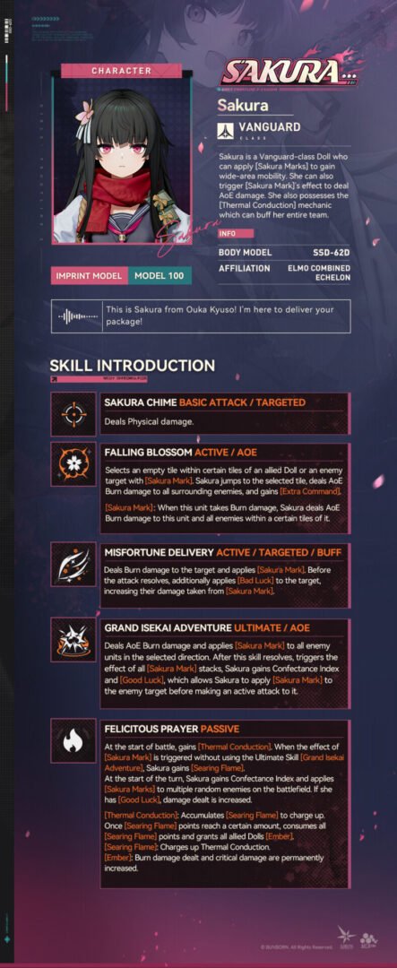 Technical skill breakdown for Sakura (Model 100) detailing Fire damage and Sakura Mark mechanics in the Sakura GFL2 guide.