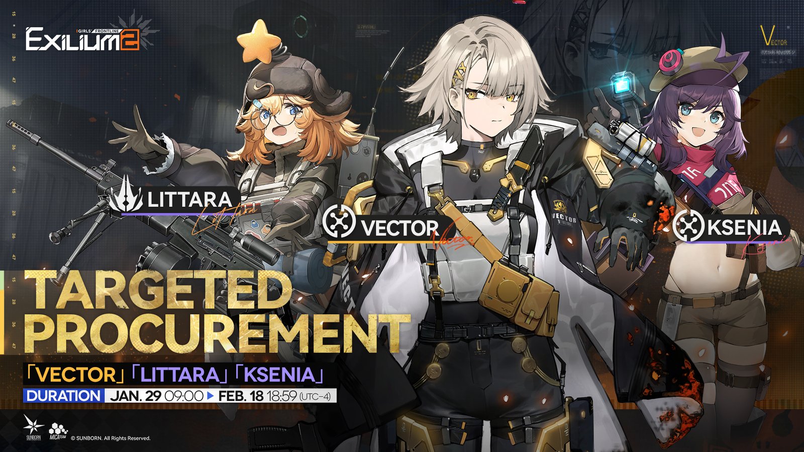 The Vector, Littara, and Ksenia targeted procurement rerun banner featured in the Sakura GFL2 guide update.