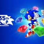 Sonic the Hedgehog 35th anniversary key art featuring Sonic and Chaos Emeralds