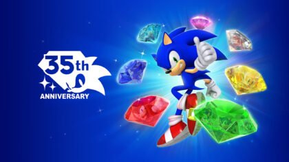 Sonic the Hedgehog 35th anniversary key art featuring Sonic and Chaos Emeralds