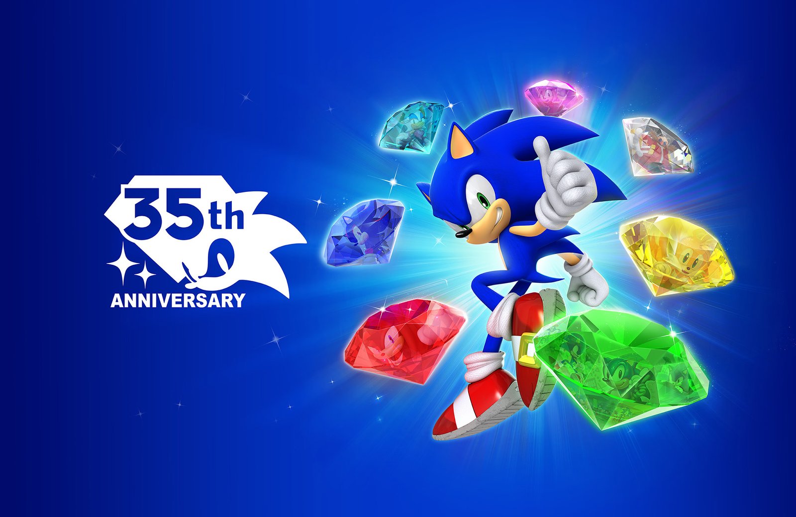 Sonic the Hedgehog 35th anniversary key art featuring Sonic and Chaos Emeralds