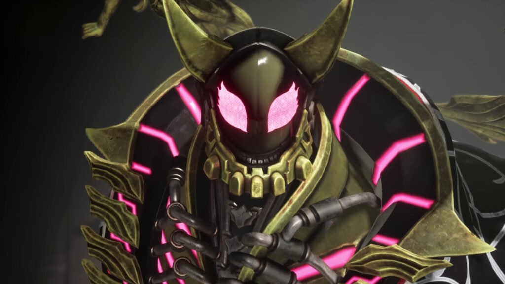 Zenon Gryfgote in Code Vein II character trailer wearing horned armor with glowing pink eyes