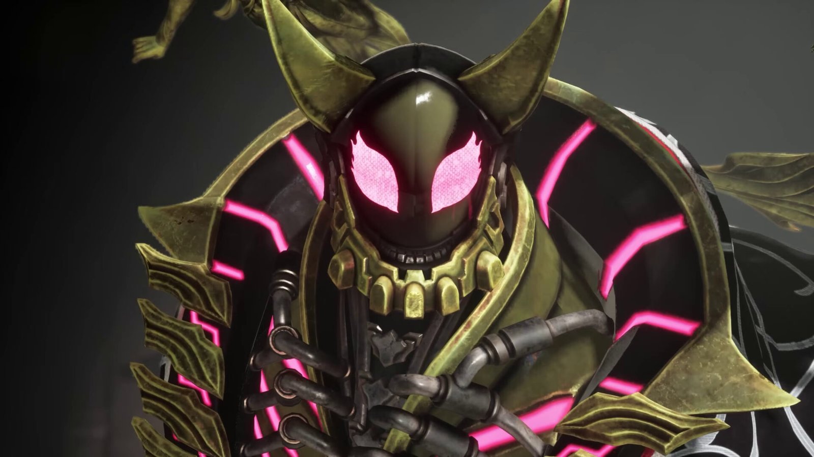 Zenon Gryfgote in Code Vein II character trailer wearing horned armor with glowing pink eyes