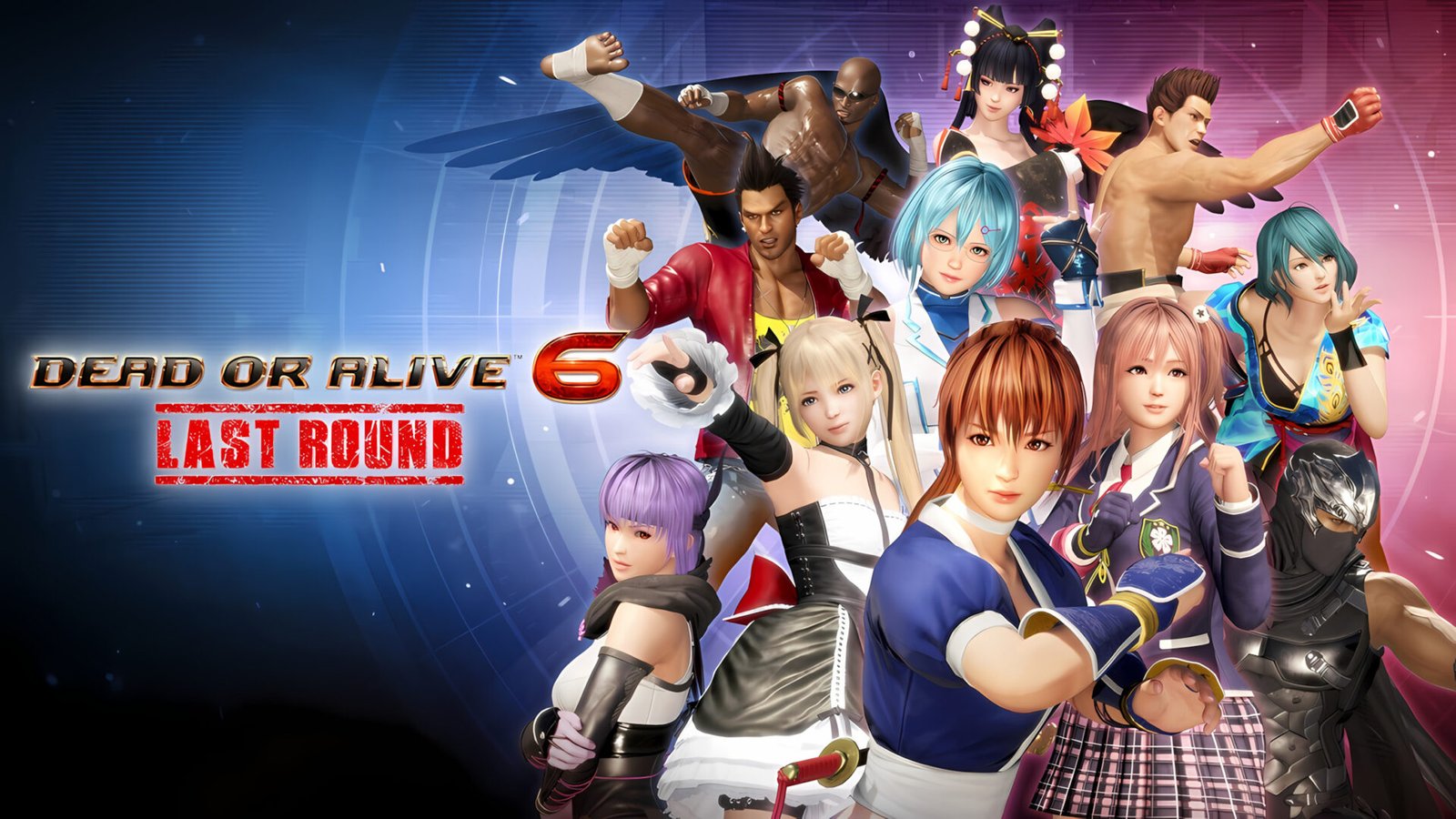 The official key art for Dead or Alive 6: Last Round, featuring the full roster of fighters including Kasumi, Ayane, Hayate, and Marie Rose against a blue digital background.