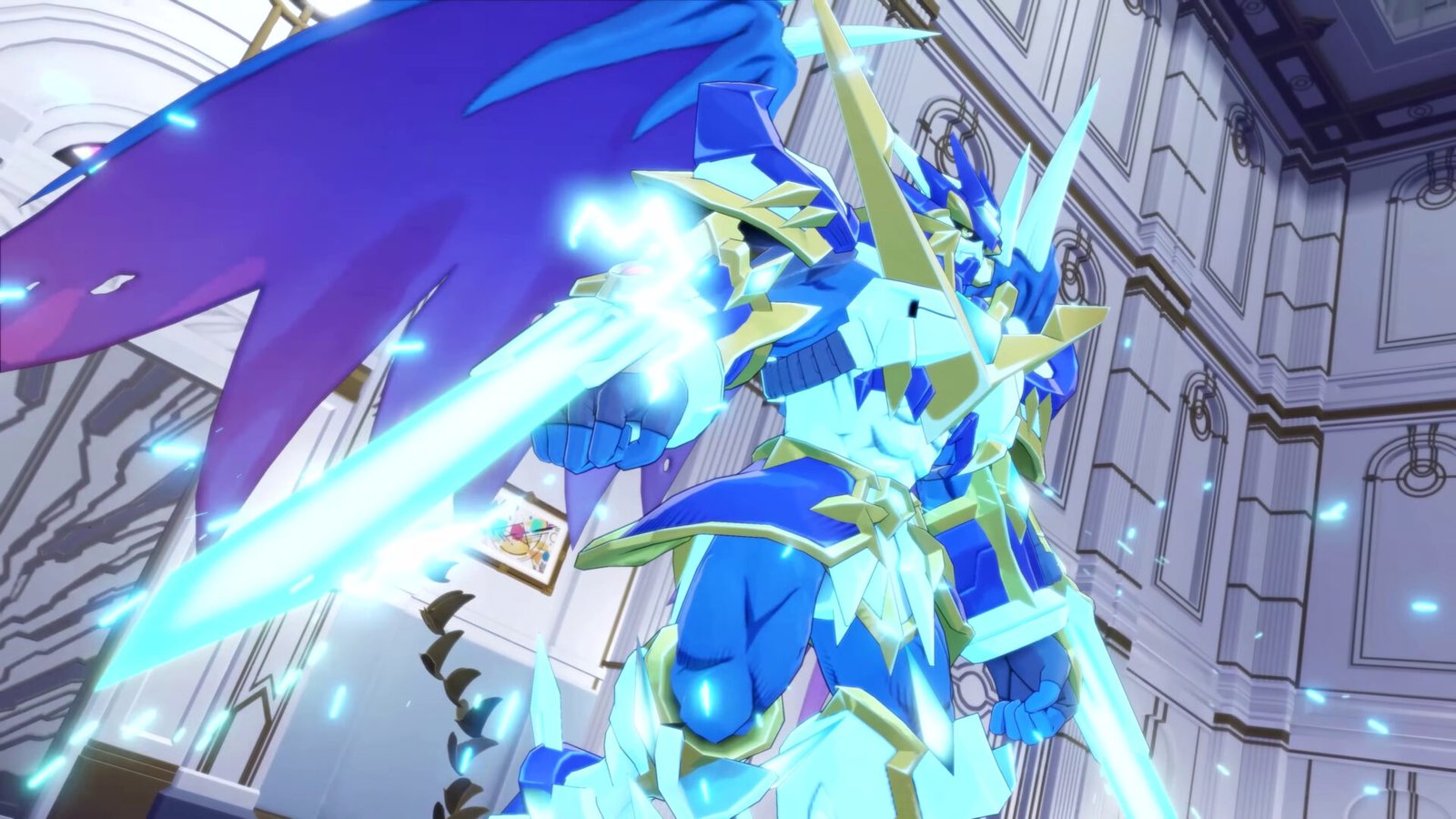 A blue armored Mega Digivolution wielding a glowing energy sword in Digimon Story: Time Stranger Anti-ParadoX