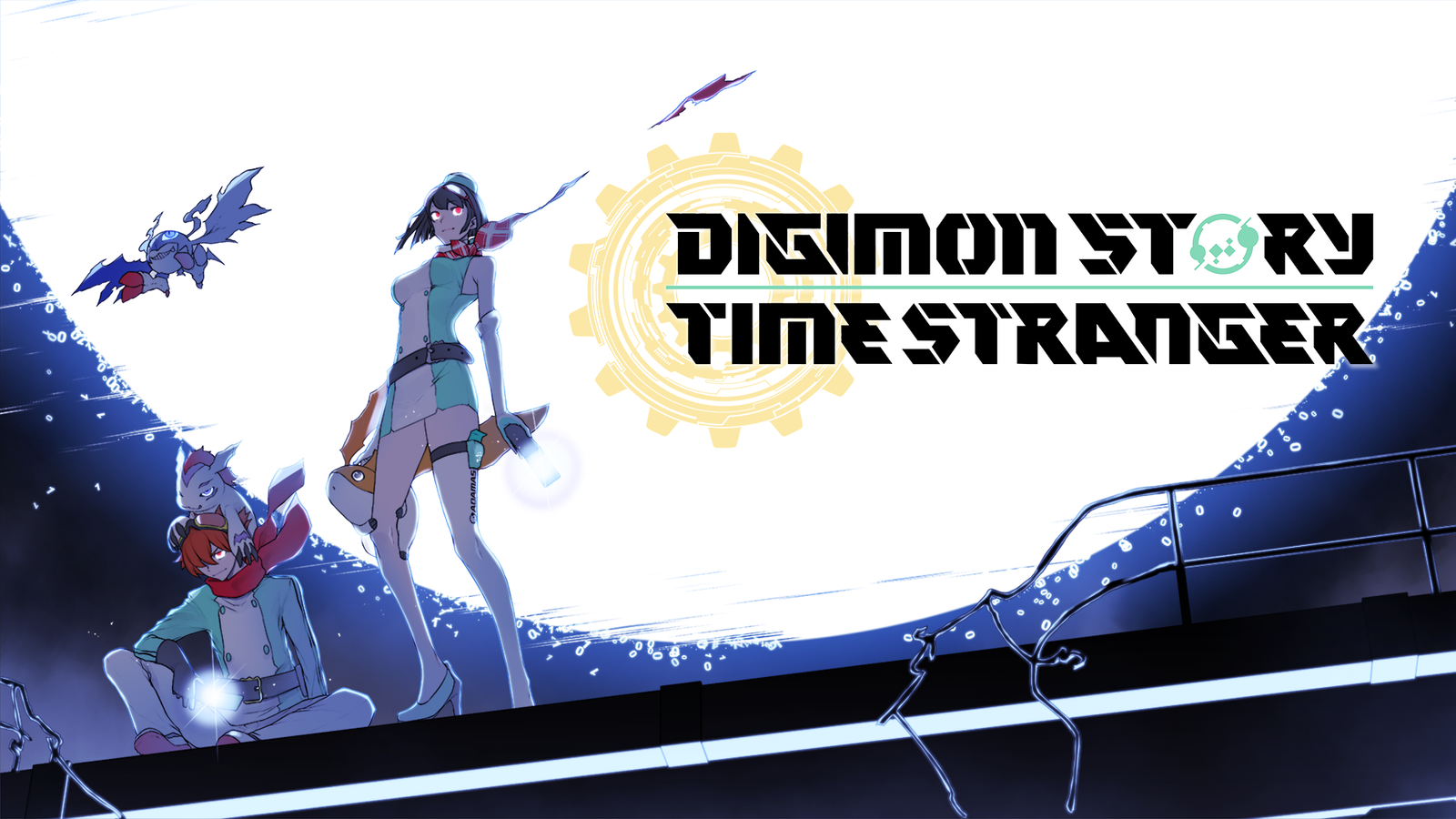 Key art for Digimon Story: Time Stranger showing male and female main characters with the game title logo against a white and blue moonlit background.