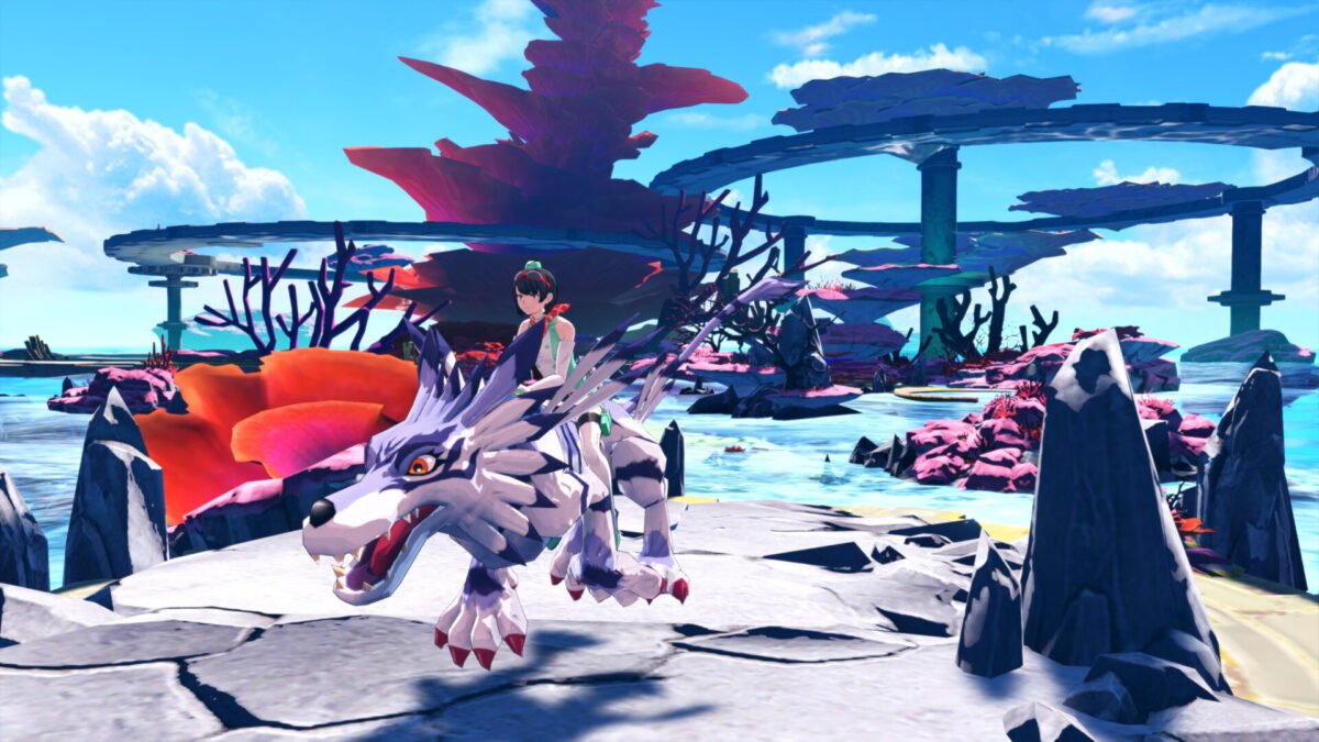 The protagonist riding a Garurumon mount through a scenic, coral-like environment in Digimon Story: Time Stranger.