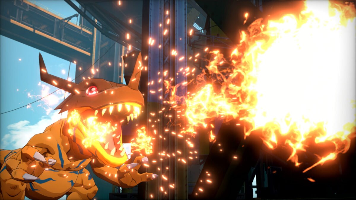 A cinematic close-up of Greymon using its iconic fireball attack during a battle in Digimon Story: Time Stranger.