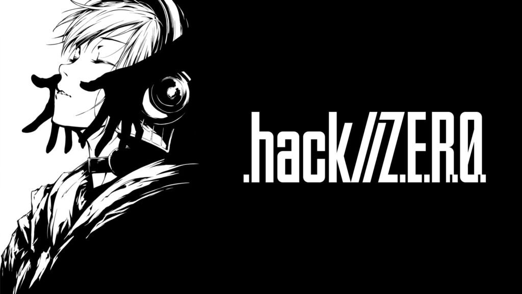 .hack//Z.E.R.O. black and white key visual featuring protagonist silhouette with gloved hand and logo