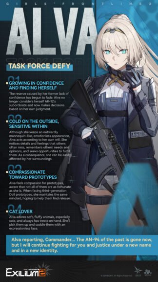 A character profile for Alva in Girls' Frontline 2: Exilium, detailing her background as a member of Task Force DEFY and her love for cats.