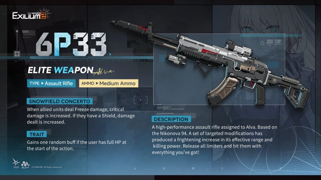 Details for Alva's elite signature weapon, the 6P33 Assault Rifle, in Girls' Frontline 2.