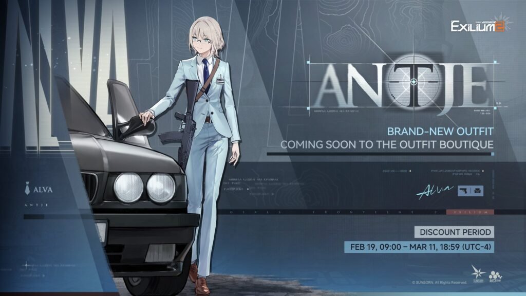 Alva wearing her "Antje" business suit outfit, leaning against a black car in Girls' Frontline 2.