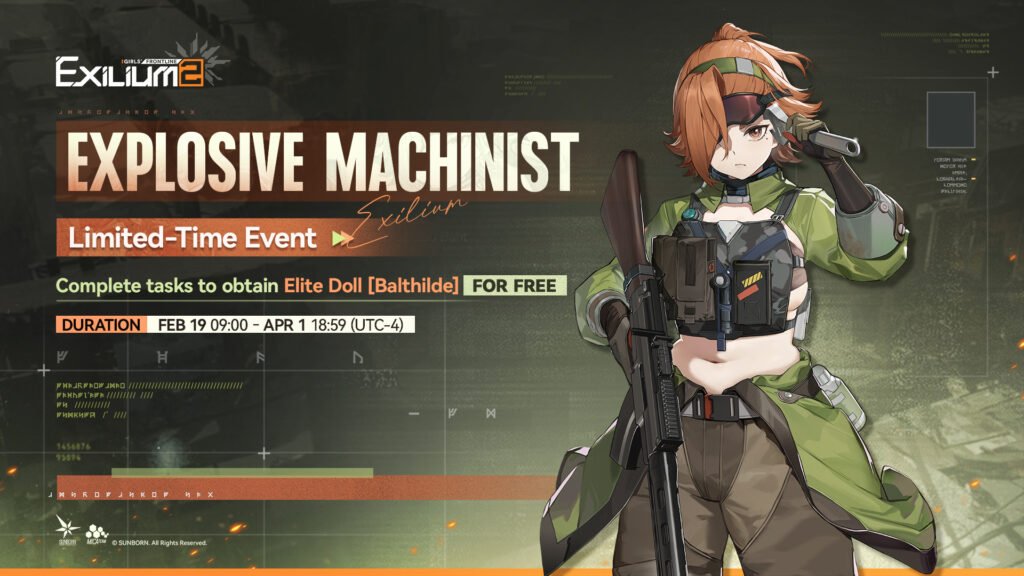 The "Explosive Machinist" limited time event banner in GFL2, where players can earn the Elite Doll Balthilde for free.