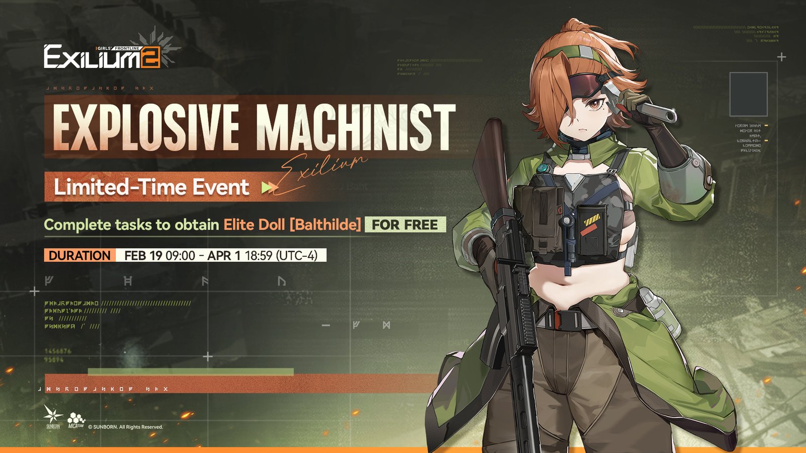 The "Explosive Machinist" limited time event banner in GFL2, where players can earn the Elite Doll Balthilde for free.