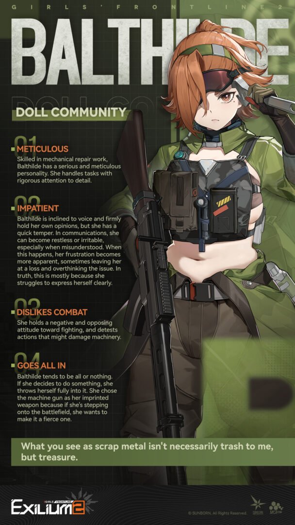 Character profile infographic for Balthilde in GFL2: Exilium, showcasing her orange hair, eyepatch, and machine gun. It lists her personality traits as Meticulous, Impatient, and Dislikes Combat.