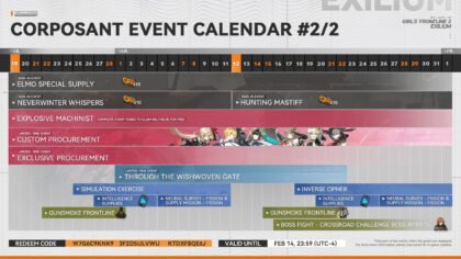 Part two of the GFL2 Corposant event calendar, detailing the March 12 arrival of Voymastina and the various login rewards like Neverwinter Whispers.
