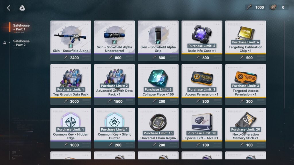 The Safehouse event shop inventory for Corposant Part 1 in Girls' Frontline 2.