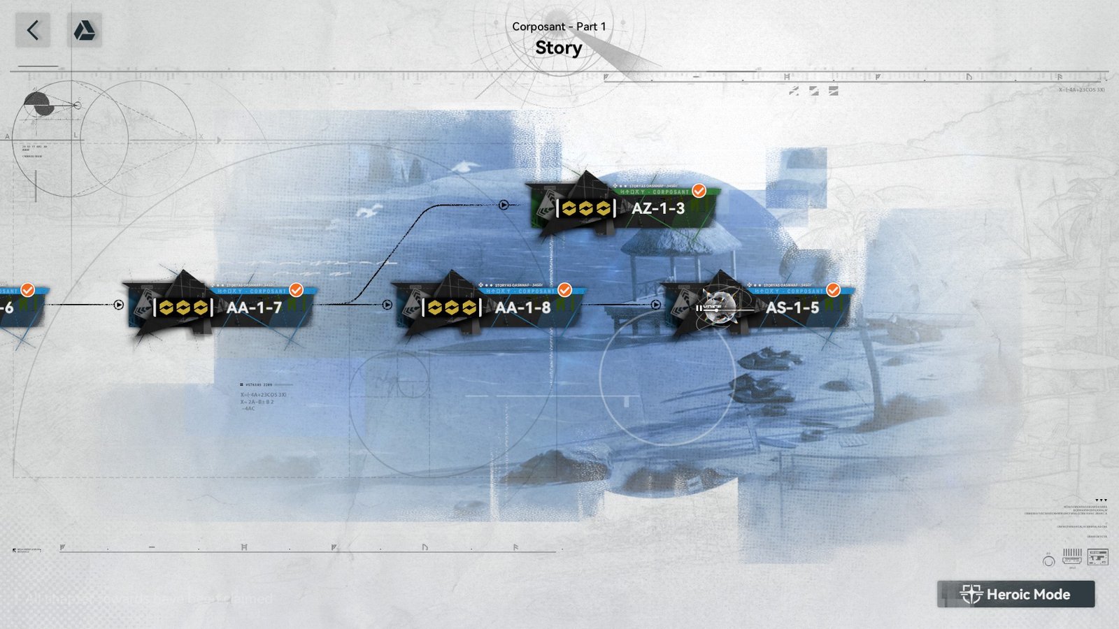 The main story mission selection screen for the Corposant Part 1 event.