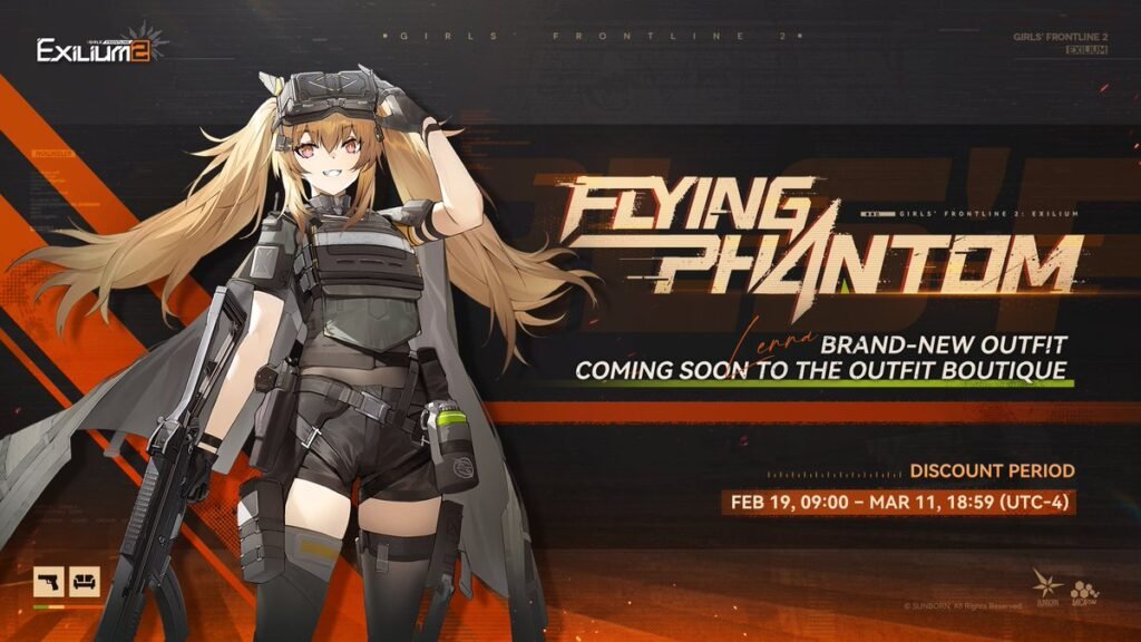 Lenna's "Flying Phantom" outfit available in the Girls' Frontline 2 Outfit Boutique starting February 19.