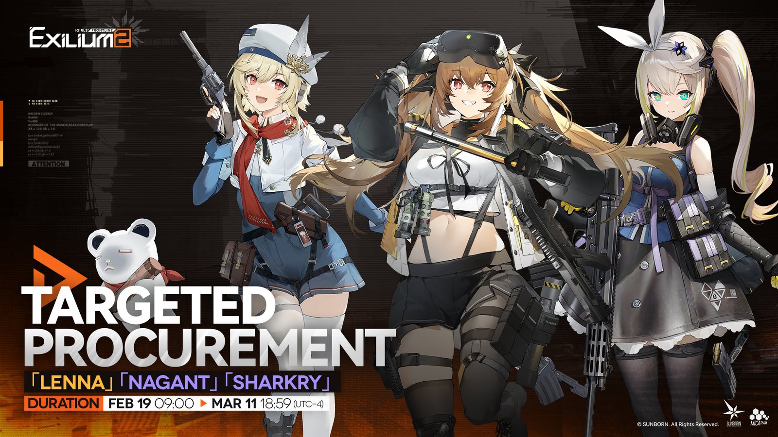 Targeted Procurement banner for Lenna, Nagant, and Sharkry in Girls' Frontline 2, active from February 19 to March 11.
