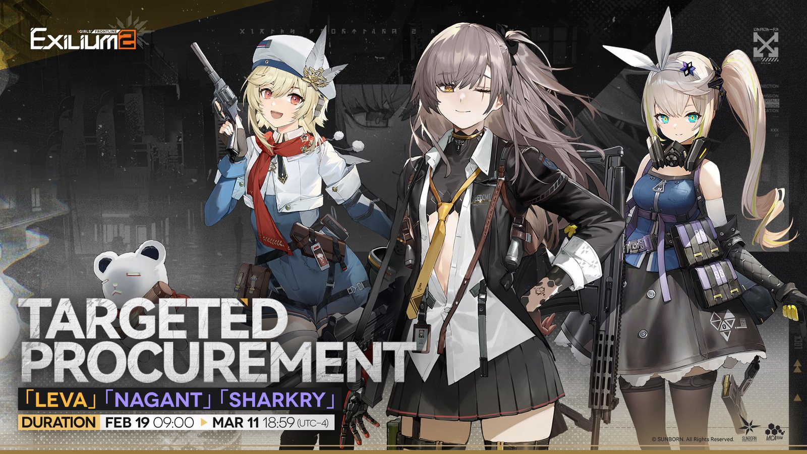 Targeted Procurement banner rerun on Feb 19, 2026 for Leva, Nagant, and Sharkry in GFL2.