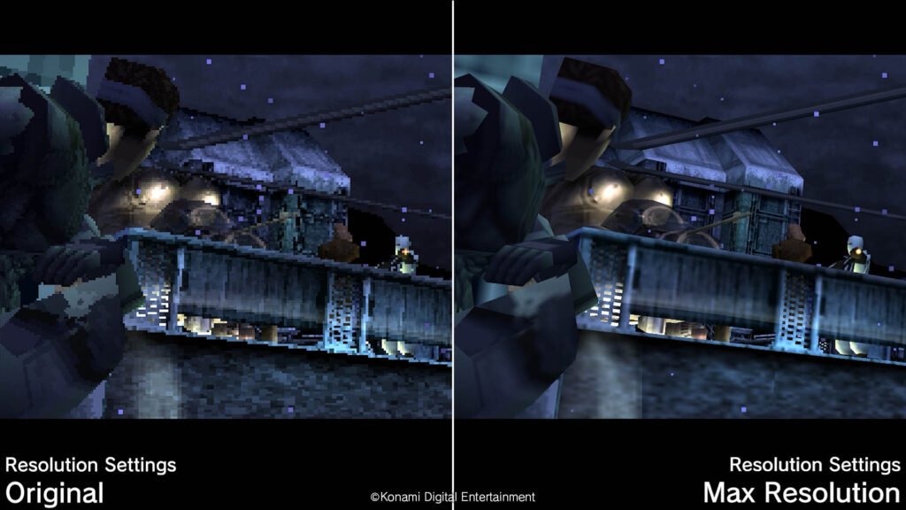 A split-screen comparison showing the visual improvements in the Metal Gear Solid Collection Vol 1 final update, contrasting the original pixelated resolution with the new "Max Resolution" setting