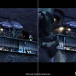 A split-screen comparison showing the visual improvements in the Metal Gear Solid Collection Vol 1 final update, contrasting the original pixelated resolution with the new "Max Resolution" setting