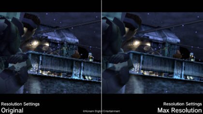 A split-screen comparison showing the visual improvements in the Metal Gear Solid Collection Vol 1 final update, contrasting the original pixelated resolution with the new "Max Resolution" setting