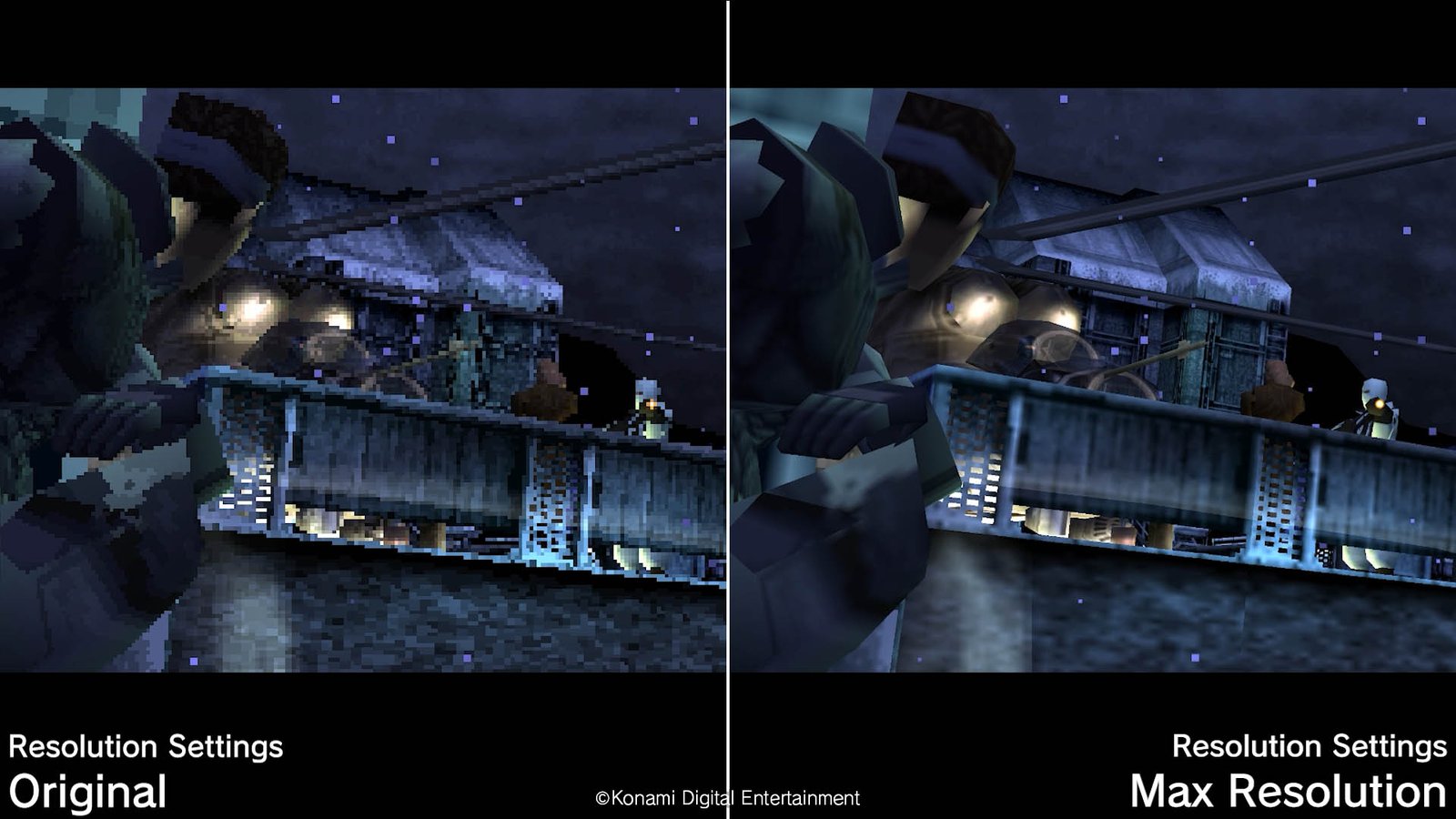 A split-screen comparison showing the visual improvements in the Metal Gear Solid Collection Vol 1 final update, contrasting the original pixelated resolution with the new "Max Resolution" setting