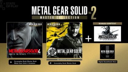 The promotional roster for the Metal Gear Solid: Master Collection Vol 2, featuring box art for MGS4: Guns of the Patriots, Peace Walker, and the bonus title Metal Gear: Ghost Babel.
