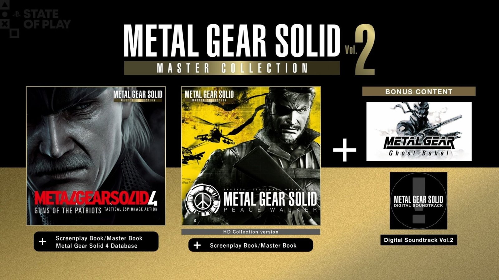 The promotional roster for the Metal Gear Solid: Master Collection Vol 2, featuring box art for MGS4: Guns of the Patriots, Peace Walker, and the bonus title Metal Gear: Ghost Babel.
