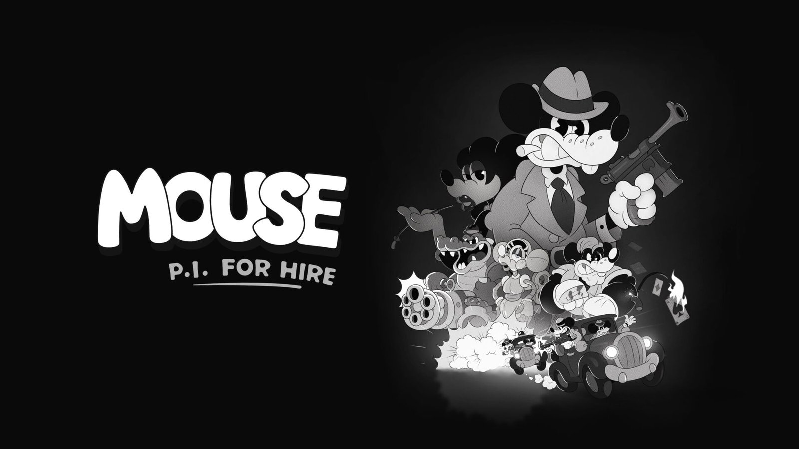 Noir cartoon key art for MOUSE: P.I. for Hire featuring a detective mouse with a gun.