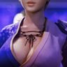 A high-fidelity close-up of Kasumi's signature purple shinobi outfit, showcasing the graphics of the upcoming Dead or Alive new project