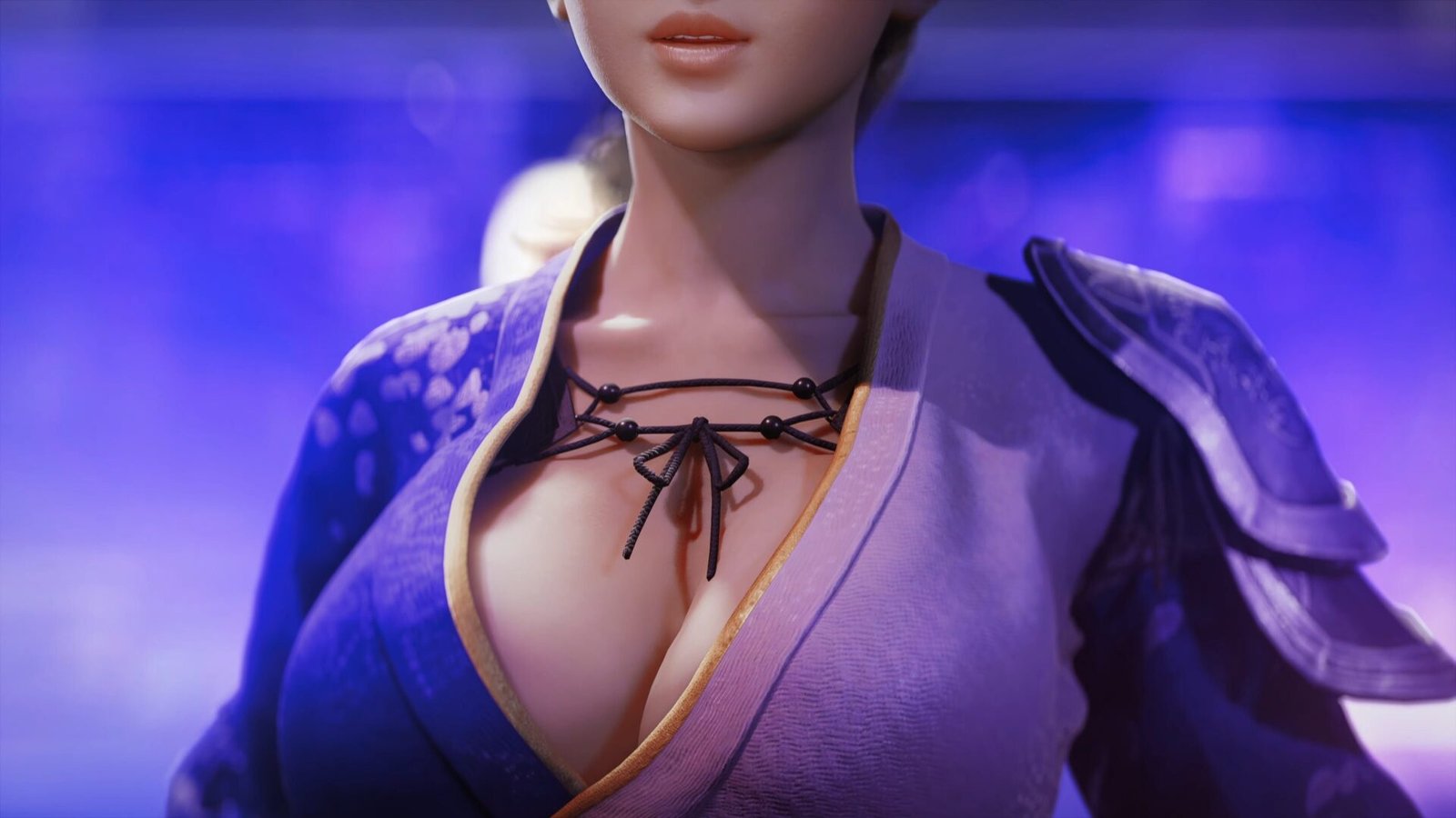 A high-fidelity close-up of Kasumi's signature purple shinobi outfit, showcasing the graphics of the upcoming Dead or Alive new project