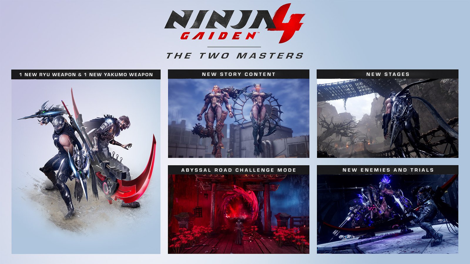 Ninja Gaiden 4: The Two Masters DLC overview showing Ryu Hayabusa, Yakumo, and new game features.