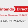 Official Nintendo Direct Partner Showcase graphic for February 5, 2026, featuring broadcast times 6 a.m. PT and 9 a.m. ET.