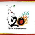 Ōkami 20th Anniversary logo featuring the sun goddess Amaterasu and Issun in a Japanese ink-wash style.