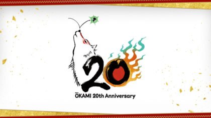 Ōkami 20th Anniversary logo featuring the sun goddess Amaterasu and Issun in a Japanese ink-wash style.