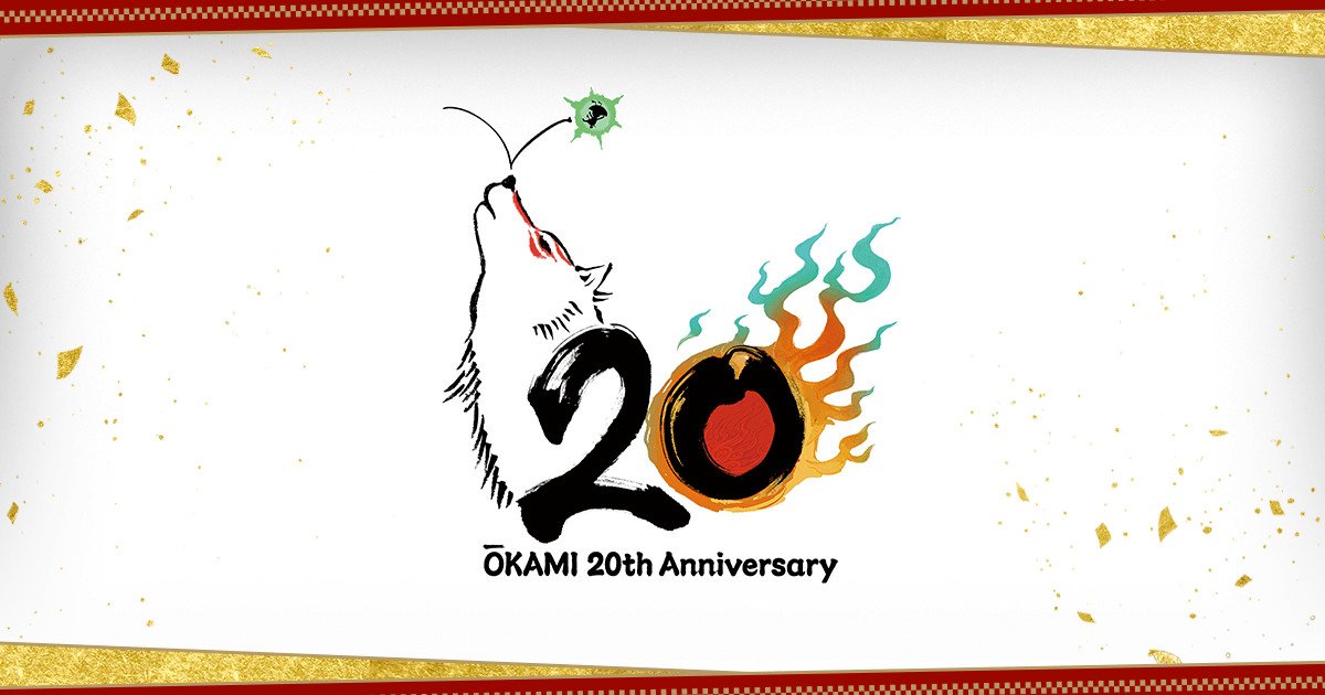 Ōkami 20th Anniversary logo featuring the sun goddess Amaterasu and Issun in a Japanese ink-wash style.