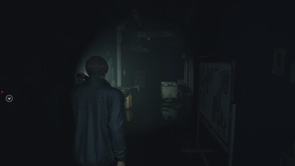 The dark and flooded RPD breaker hallway in Resident Evil 2 showcasing atmospheric lighting and reflections.