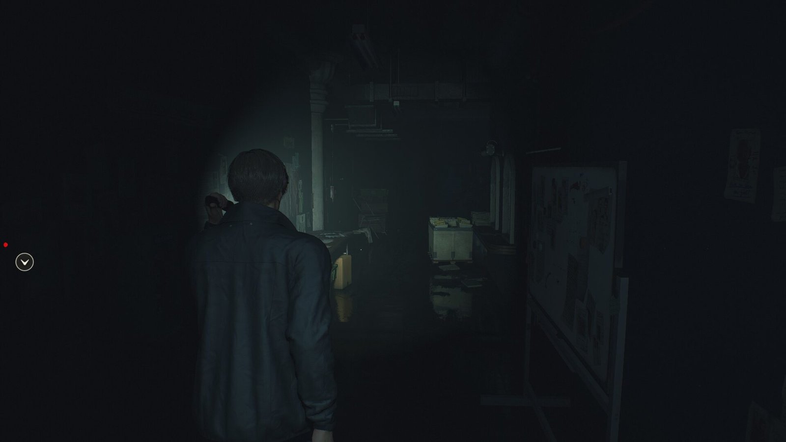 The dark and flooded RPD breaker hallway in Resident Evil 2 showcasing atmospheric lighting and reflections.