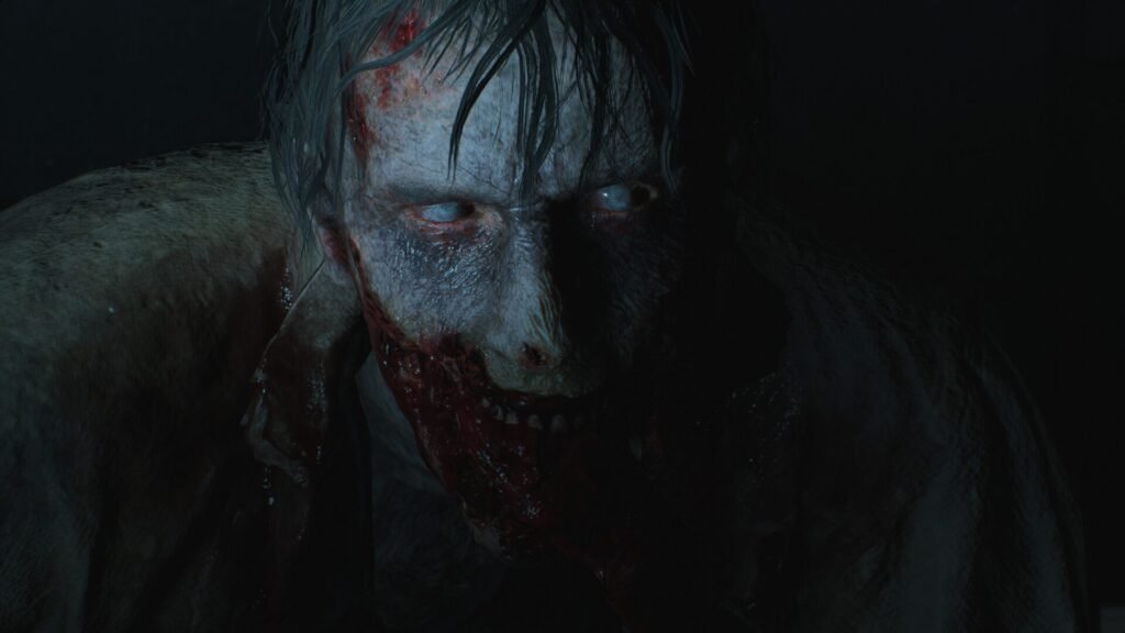 A terrifying close-up of a zombie's face in Resident Evil 2 Reimagining, highlighting the visceral horror of the Raccoon City outbreak.