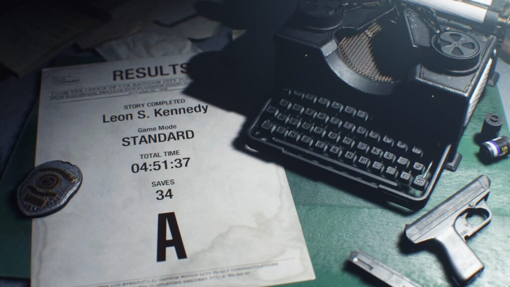 The Resident Evil 2 end-game results screen for Leon Kennedy showing an A rank and completion time.