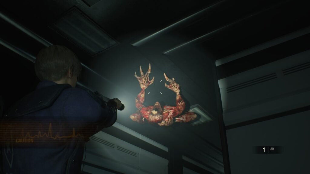 Leon Kennedy aiming a weapon at a Licker crawling on the ceiling in Resident Evil 2.