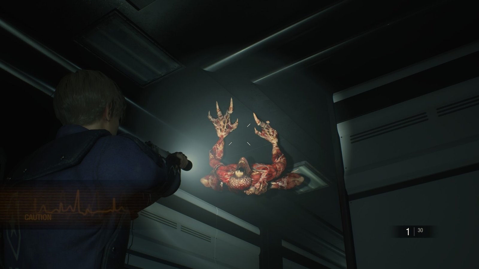 Leon Kennedy aiming a weapon at a Licker crawling on the ceiling in Resident Evil 2.