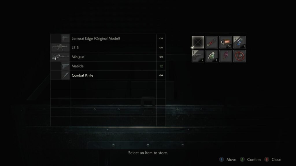 The Resident Evil 2 item box menu showing Leon managing his limited resources and weapon parts.